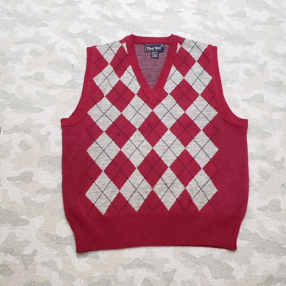 Vintage Troy Hill Sweater Mens Large Red V-Neck Argyle Sleeveless